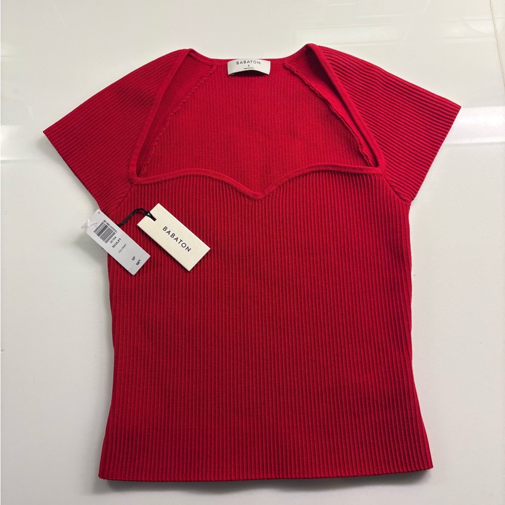 Aritzia - NWT Babaton Red Ribbed Women's Sweetheart Neckline Cap Sleeve Top